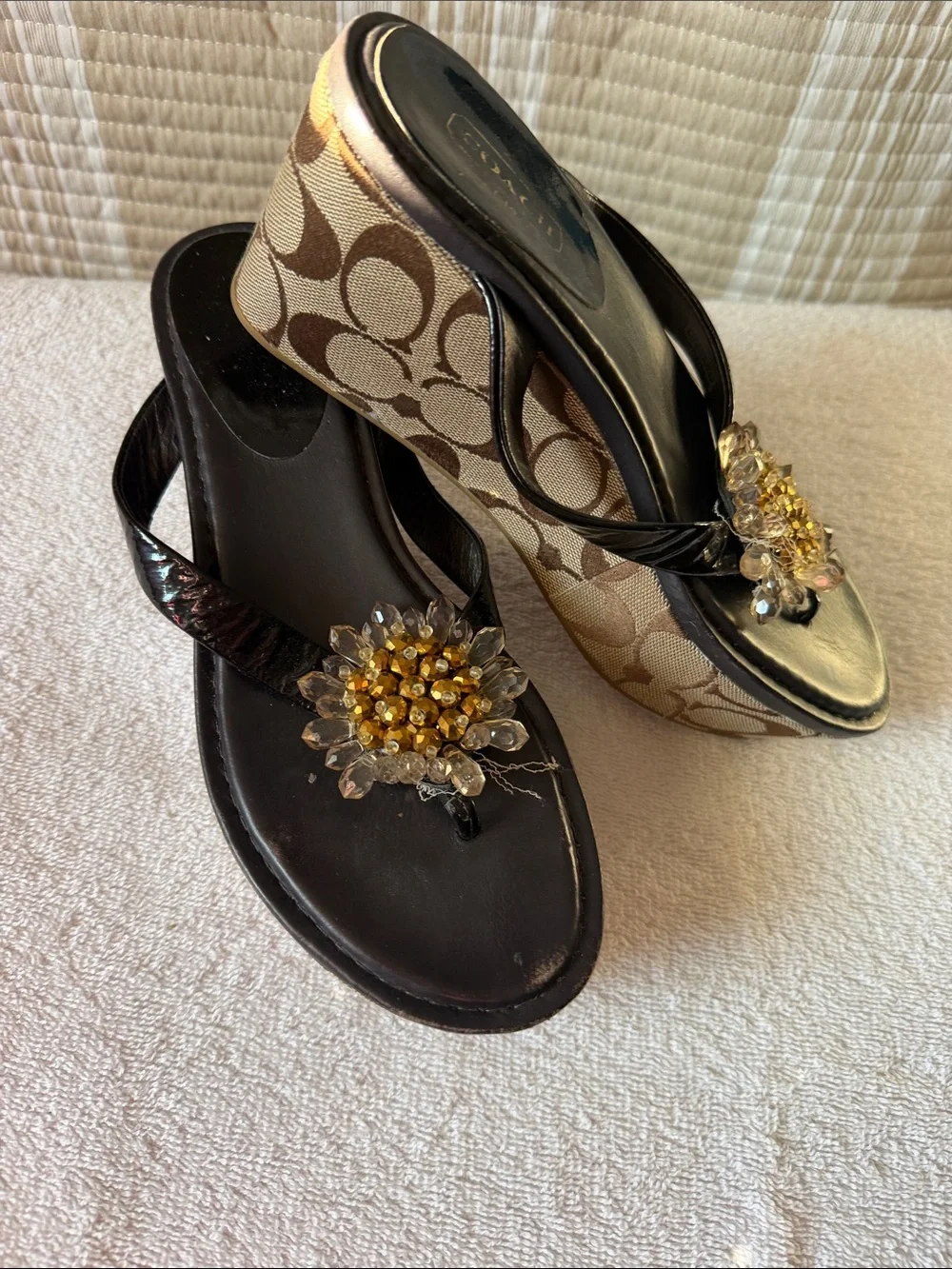 Coach Brown Signature Platform Wedge Sandals with Gold Bead Detail